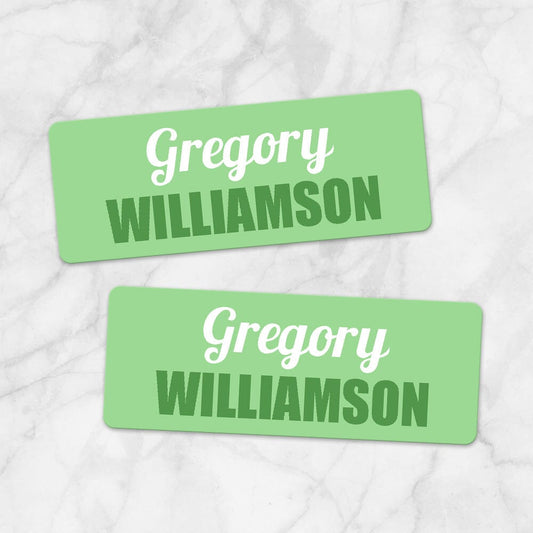 Printable Green Name Labels for School Supplies at Printable Planning. Example of 2 labels.