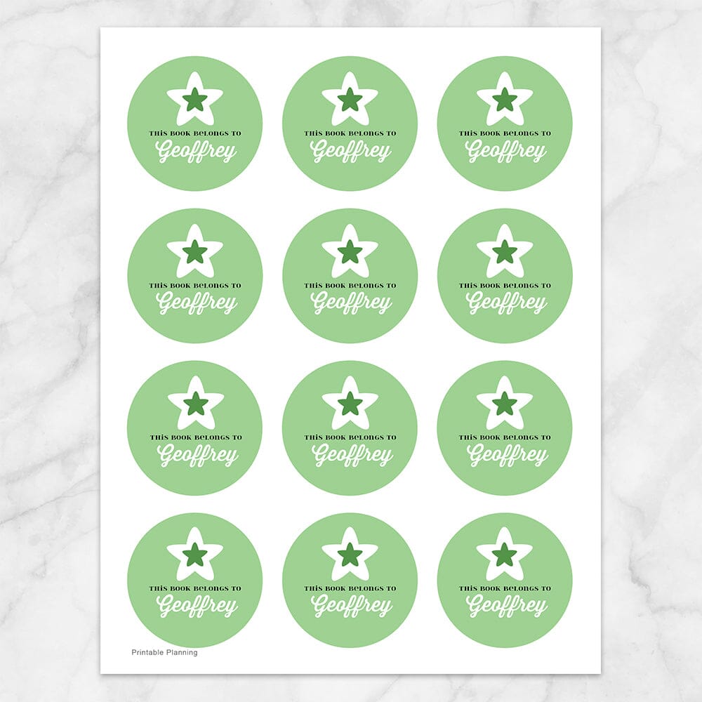 Printable Green Star Personalized Bookplate Stickers at Printable Planning. Sheet of 12 stickers.