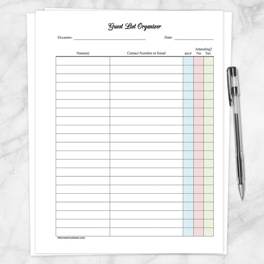 Printable Guest List RSVP Organizer - Event Planning at Printable Planning.