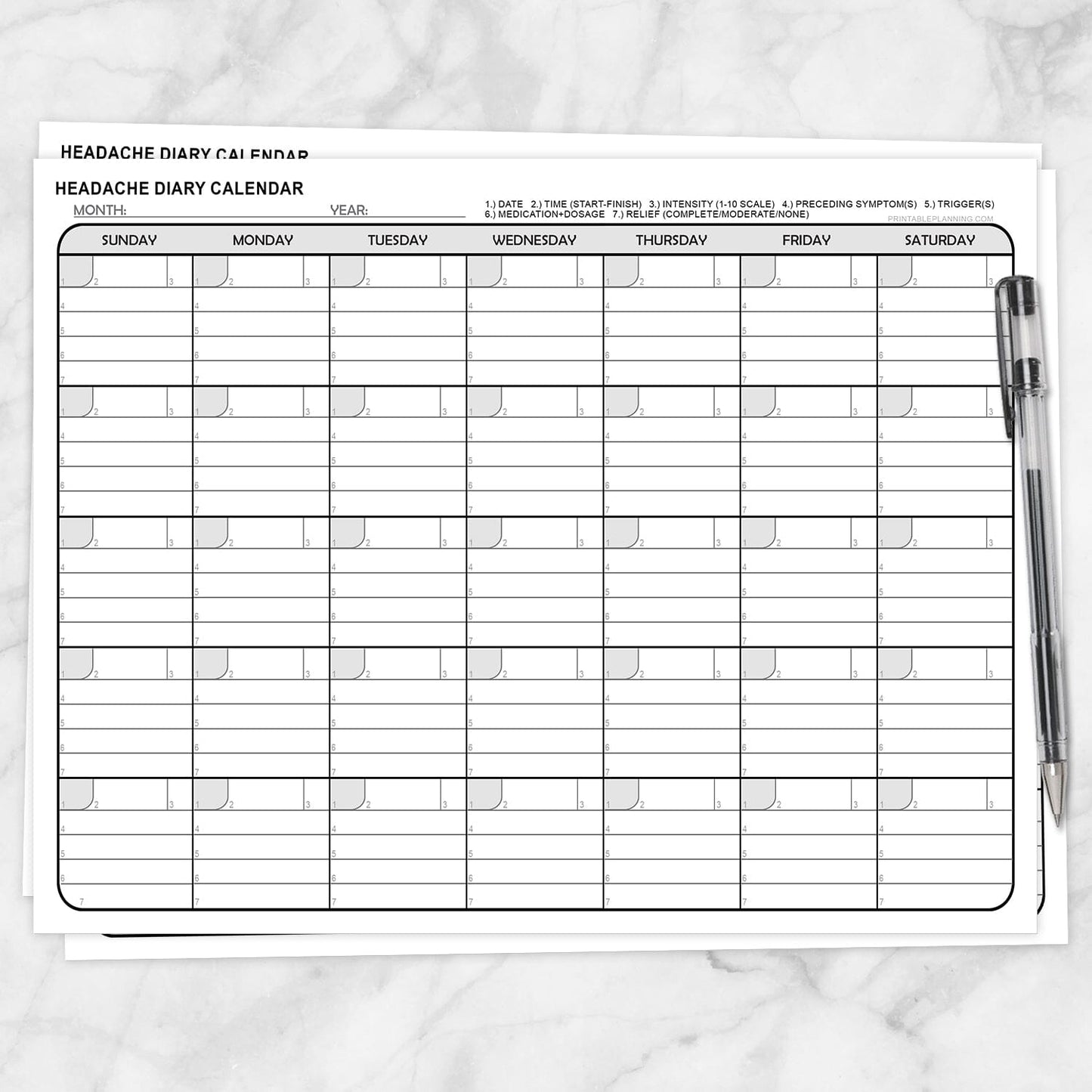 Printable Headache Diary Calendar at Printable Planning. A printable Headache Diary Calendar for monthly headache or migraine tracking. With this calendar, you can give yourself a visual record of when your headaches occur during the month while tracking the details of each one.