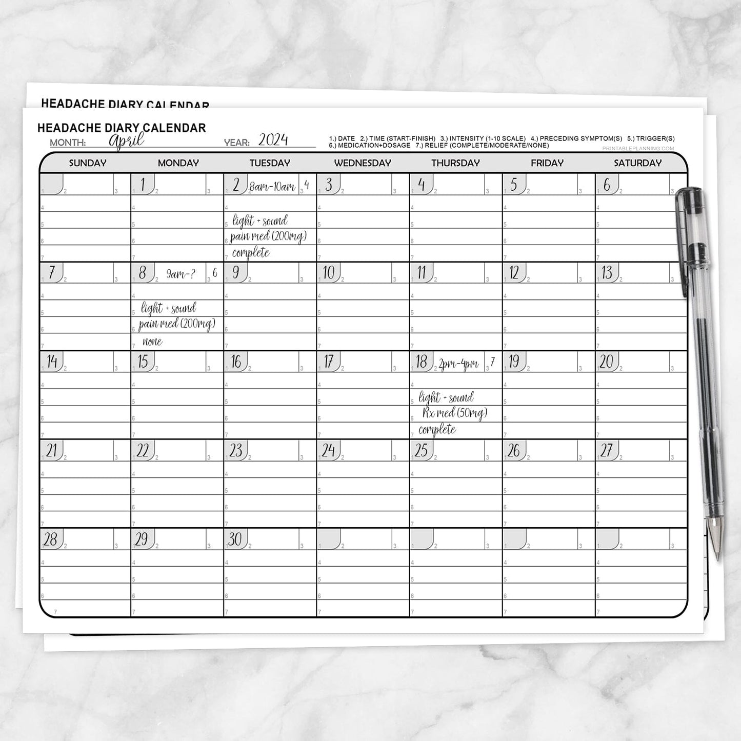 Printable Headache Diary Calendar (example with writing) at Printable Planning. A printable Headache Diary Calendar for monthly headache or migraine tracking. With this calendar, you can give yourself a visual record of when your headaches occur during the month while tracking the details of each one.