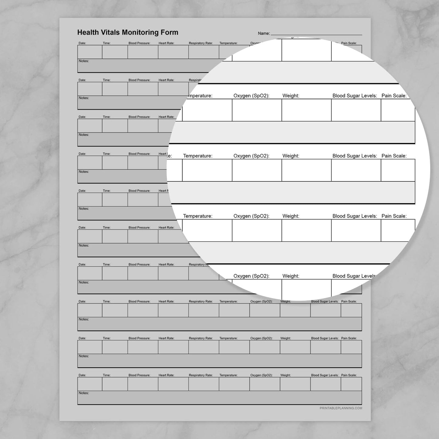 Zoomed right side of the health vitals monitoring form.