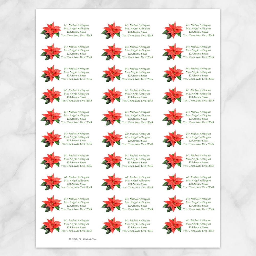 Printable Holiday Personalized Poinsettia Address Labels at Printable Planning. Sheet of 30 labels.