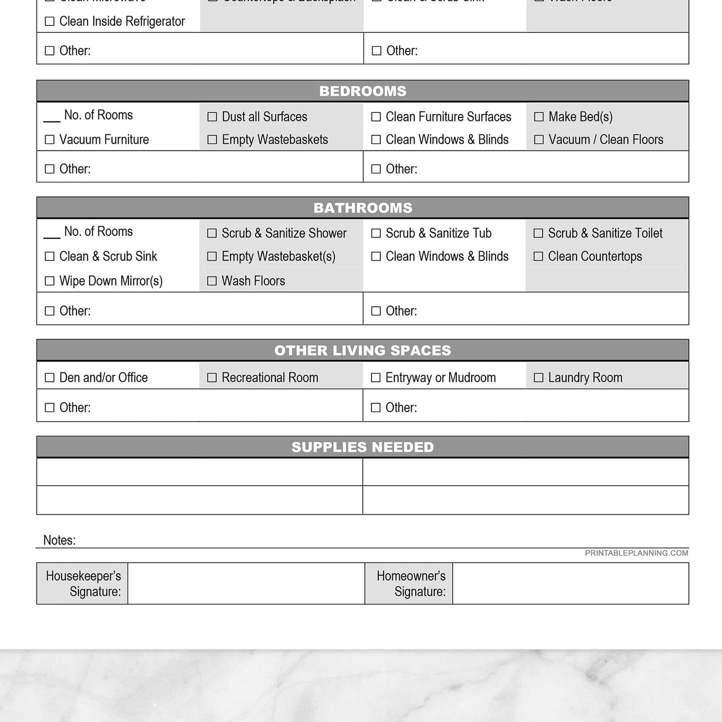 Printable Housekeeping Log - Detailed Cleaning Service Tracking at Printable Planning. Image shows a closeup of the bottom half of the page.