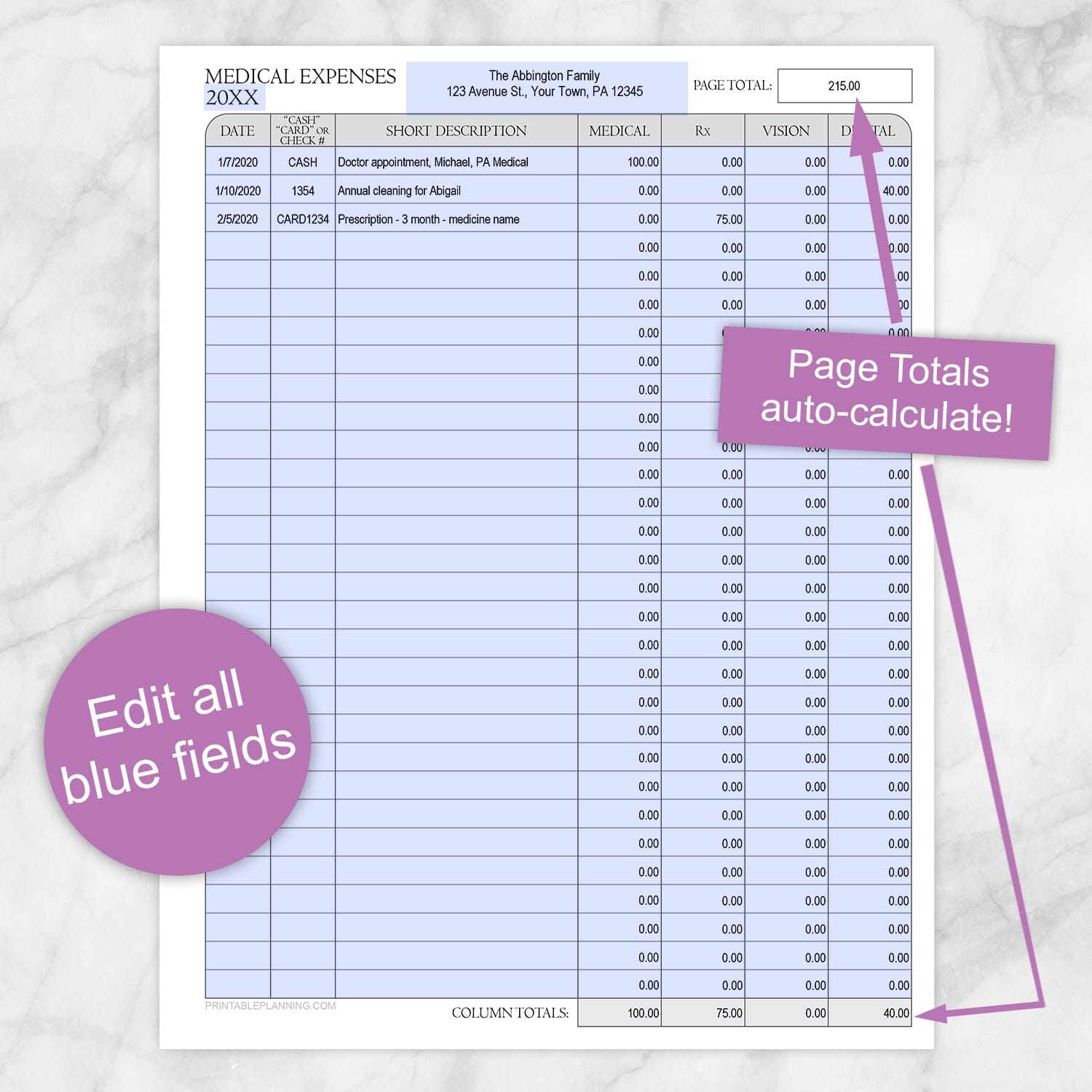 Printable Medical Expenses Tracker with Auto-Calculating Totals at Printable Planning. Infographic shows that you can edit all blue fields and that tjhe page totals auto-calculate.