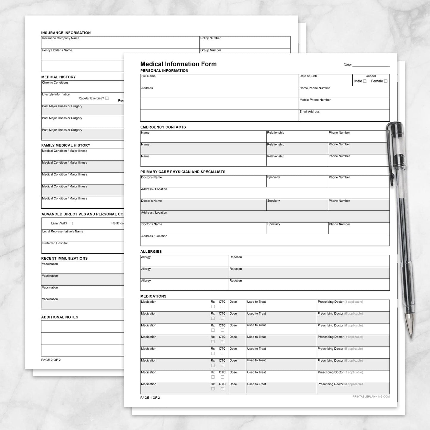 Printable Medical Information Form at Printable Planning. A comprehensive 2-page medical information form that you print yourself.