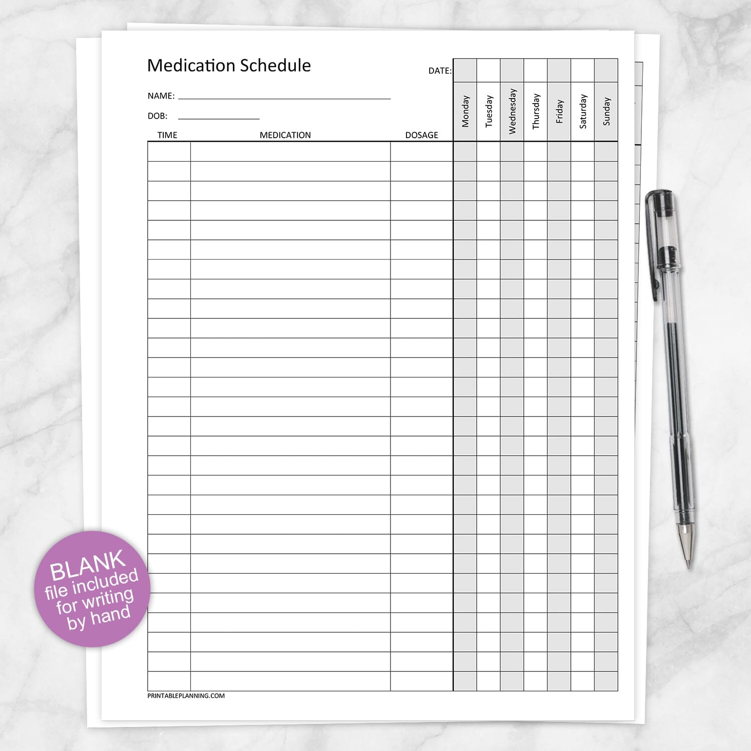 Printable Medication Schedule for Long Prescription Medicine Lists at Printable Planning. This file is blank for writing evertthing by hand.