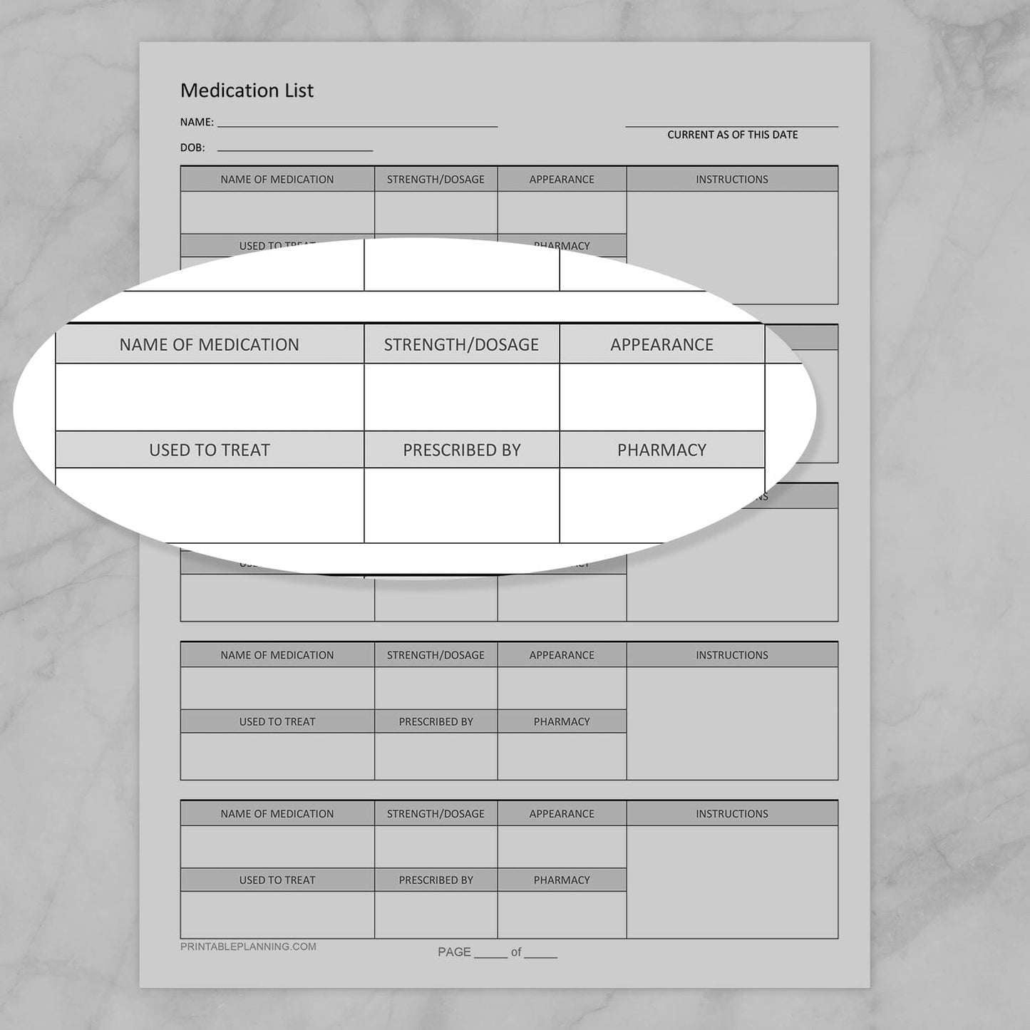 An image showing a zoomed in area of the Medication List, Organize Prescription Medicines printable to show the categories logged in addition to Instructions.