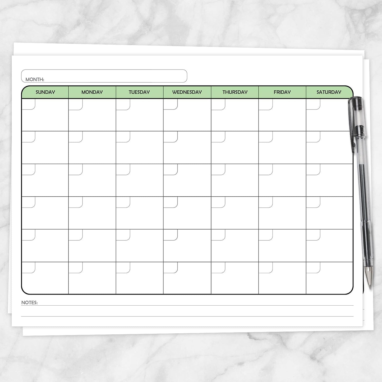 Printable Modern Blank Monthly Calendar - Green, Full Page at Printable Planning.