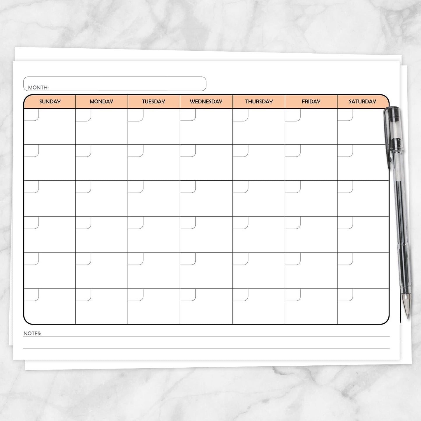 Printable Modern Orange Blank Monthly Calendar - Full Page at Printable Planning.