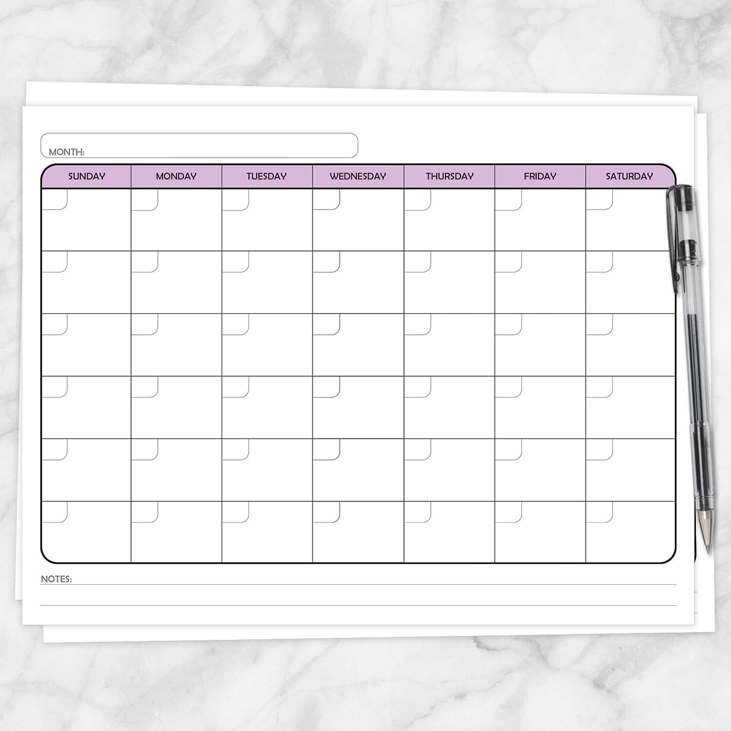 Printable Modern Purple Blank Monthly Calendar - Full Page at Printable Planning.
