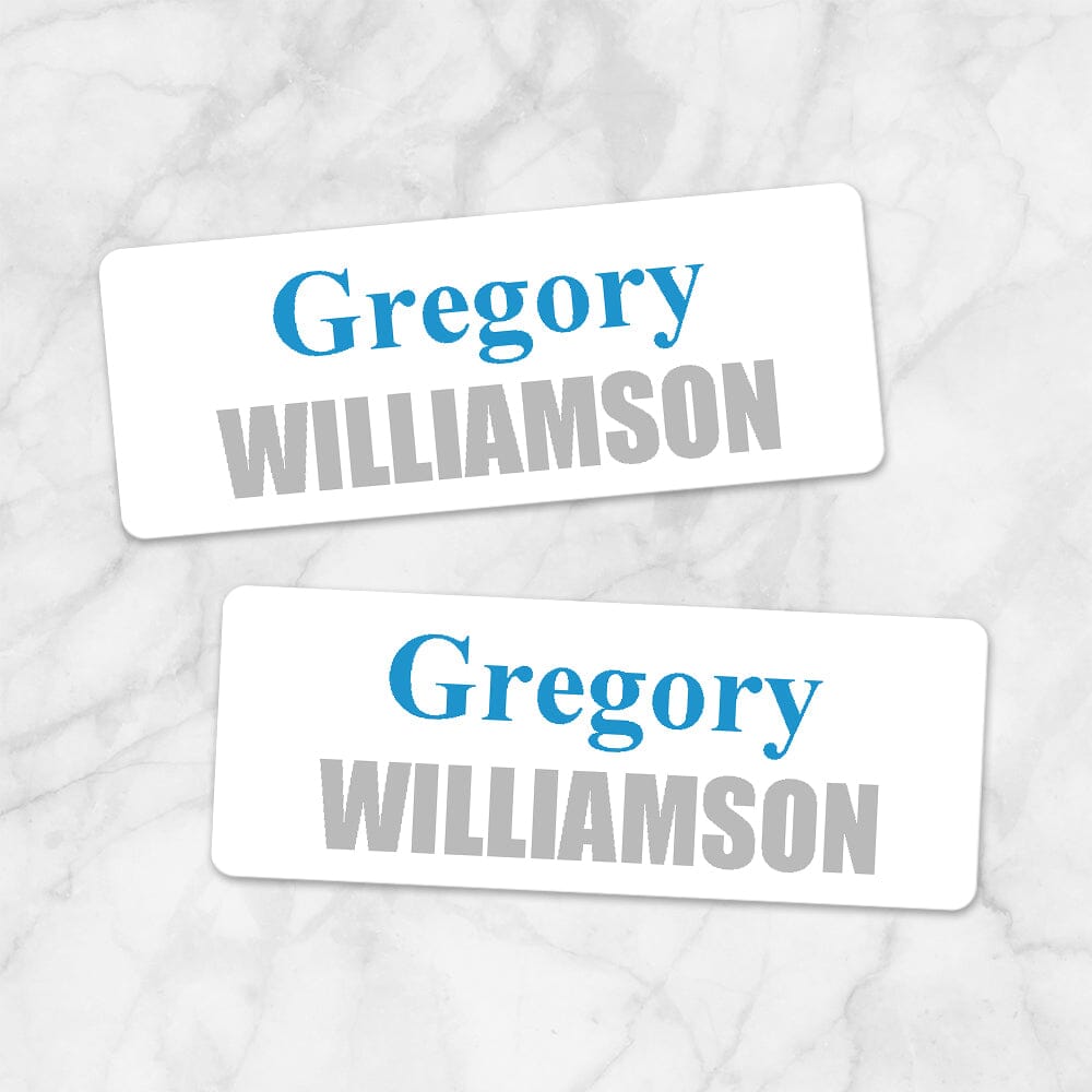 Printable Name Labels Blue and Gray for School Supplies at Printable Planning. Example of 2 labels.