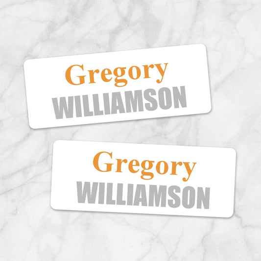 Printable Name Labels Orange and Gray for School Supplies at Printable Planning. Example of 2 labels.