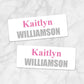 Printable Name Labels Pink and Gray for School Supplies at Printable Planning. Example of 2 labels.