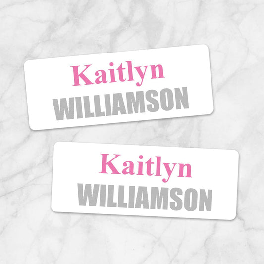 Printable Name Labels Pink and Gray for School Supplies at Printable Planning. Example of 2 labels.