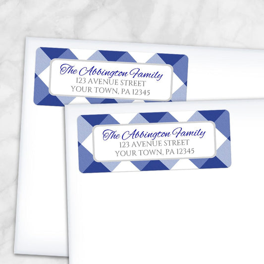 Printable Navy Blue Gingham Pattern Address Labels at Printable Planning. Shown on envelopes.