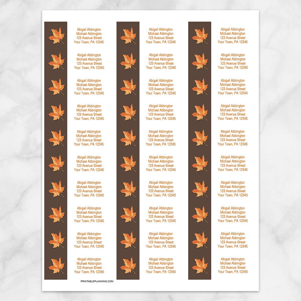 Printable Orange Leaf on Brown Fall Address Labels at Printable Planning. Sheet of 30 labels.