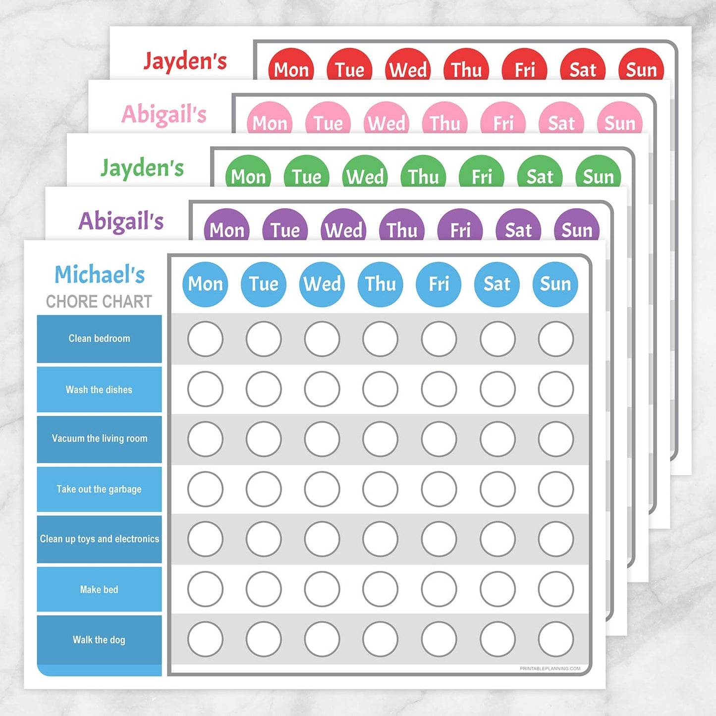 Printable Personalized Chore Chart BUNDLE, 5 Colored Weekly Pages at Printable Planning.