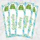 Printable Personalized Adorable Frog Green and Blue Plaid Bookmarks at Printable Planning. Example of 5 bookmarks.