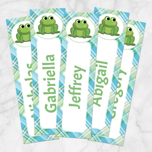 Printable Personalized Adorable Frog Green and Blue Plaid Bookmarks at Printable Planning. Example of 5 bookmarks.