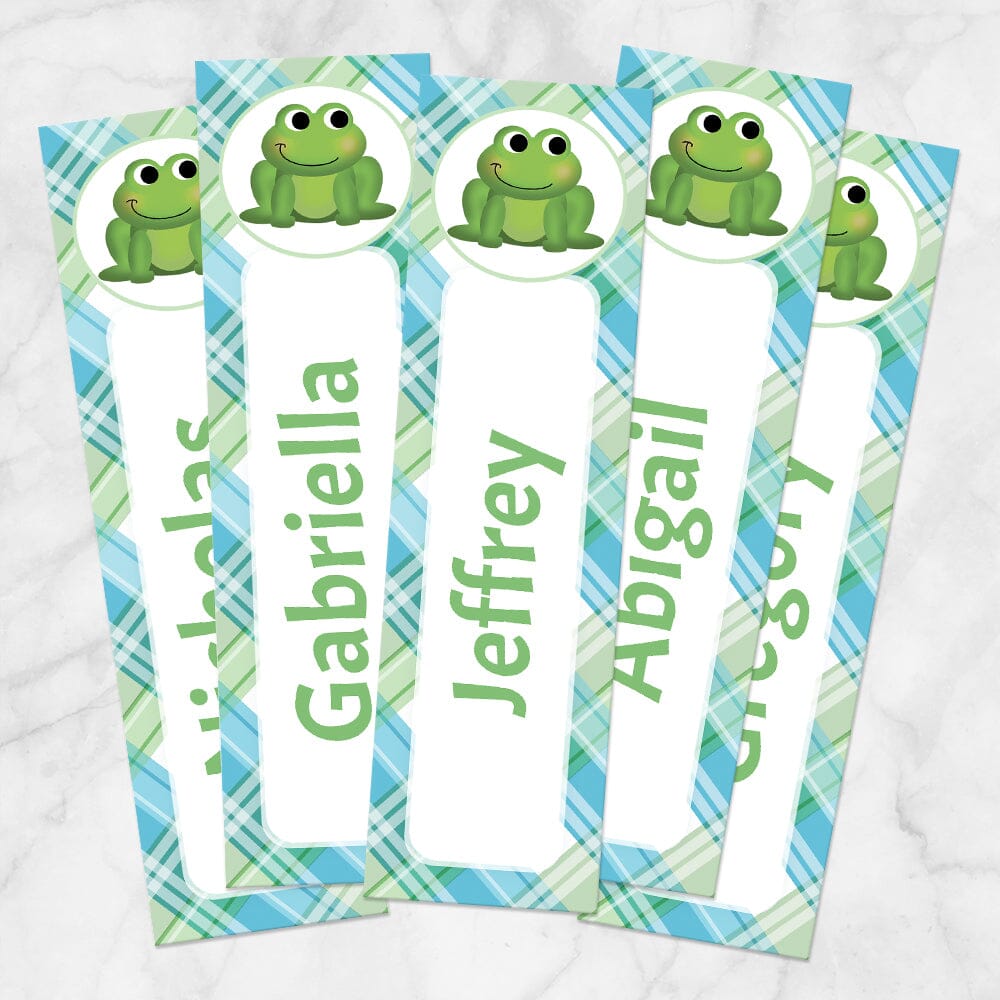 Printable Personalized Adorable Frog Green and Blue Plaid Bookmarks at Printable Planning. Example of 5 bookmarks.