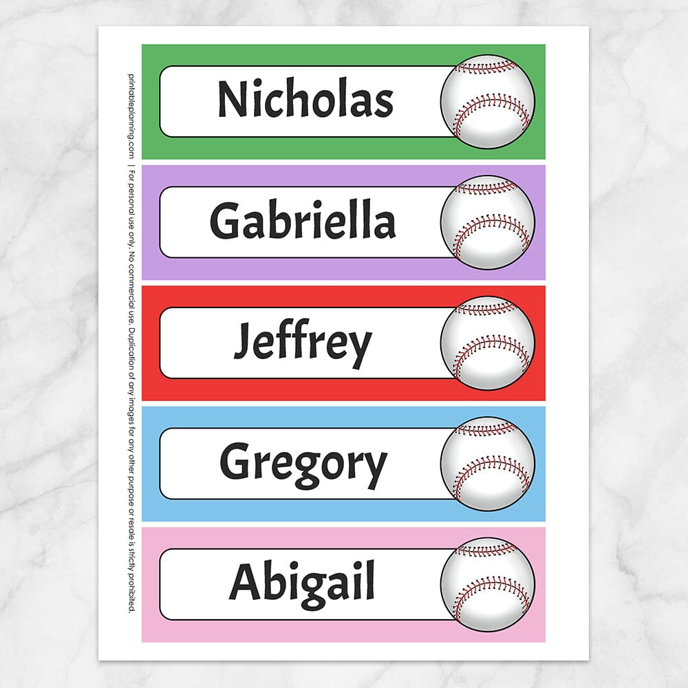 Printable Personalized Baseball Colorful Bookmarks at Printable Planning. Sheet of 5 bookmarks.