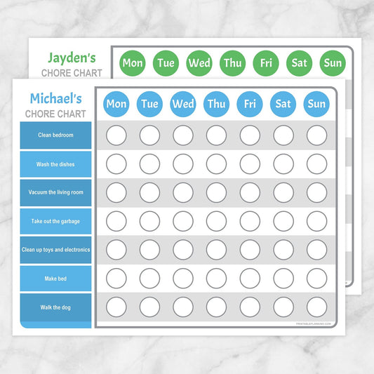 Printable Personalized Chore Chart BUNDLE, Blue Green Weekly Pages at Printable Planning.