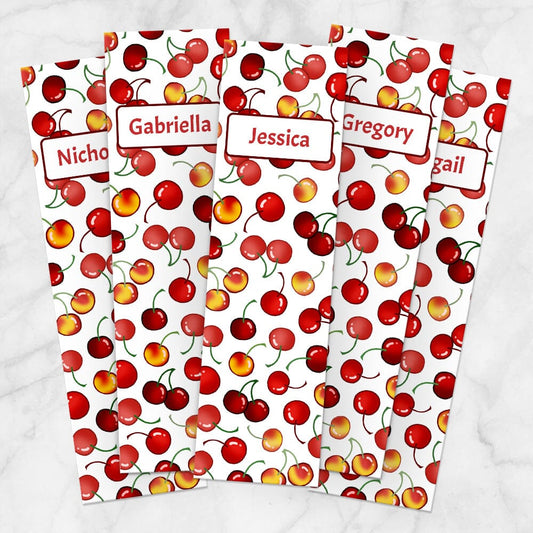 Printable Personalized Cherries Bookmarks at Printable Planning. Example of 5 bookmarks.