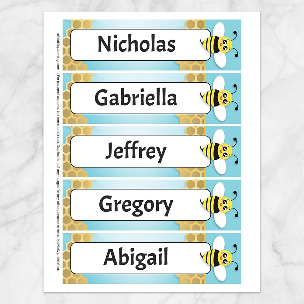 Printable Personalized Cute Honeycomb Bee Bookmarks at Printable Planning. Sheet of 5 bookmarks.