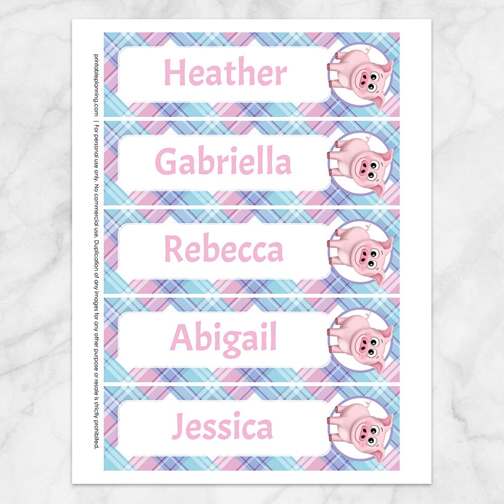 Printable Personalized Happy Pig Pink Blue and Purple Plaid Bookmarks at Printable Planning. Sheet of 5 bookmarks.