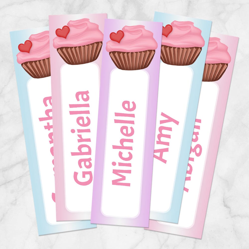 Printable Personalized Heart Cupcake Pink Blue and Purple Bookmarks at Printable Planning. Example of 5 bookmarks.