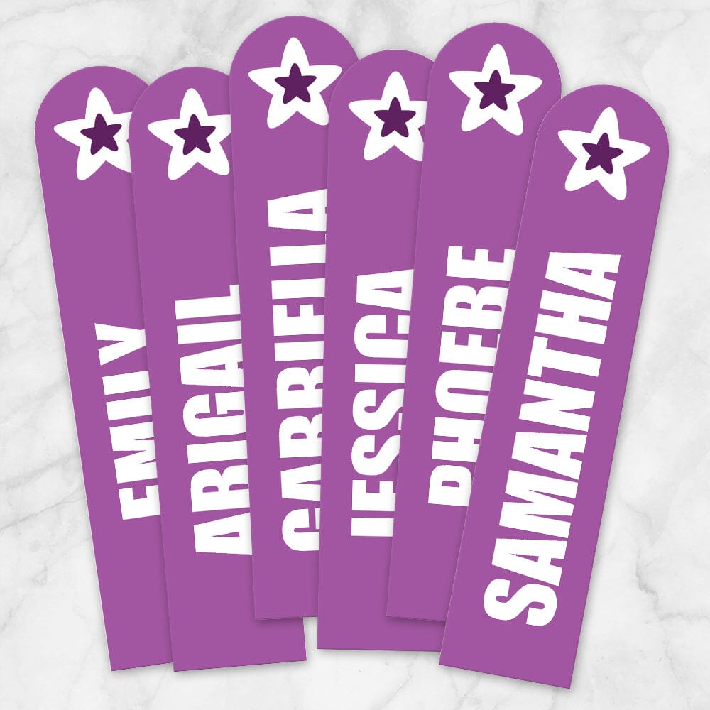 Printable Personalized Purple Star Bookmarks at Printable Planning. Example of 6 bookmarks.