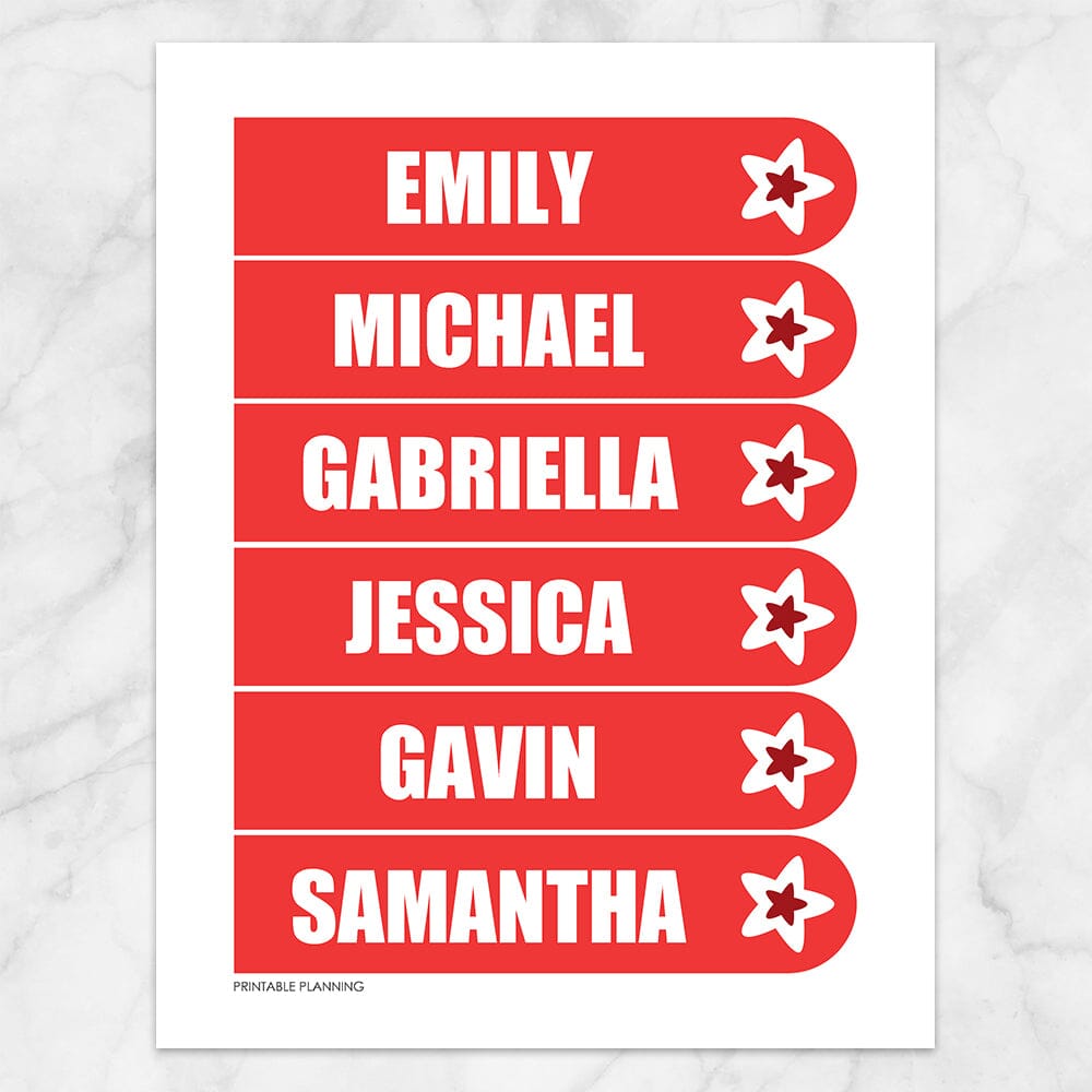 Printable Personalized Red Star Bookmarks at Printable Planning. Sheet of 6 bookmarks.