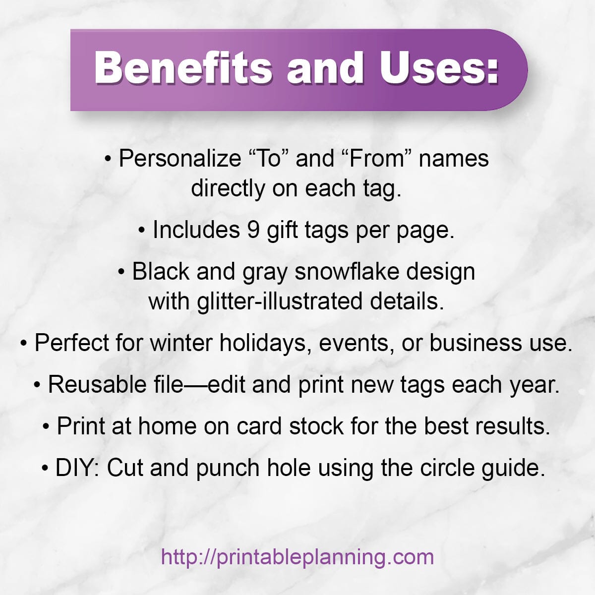 Text detailing benefits and uses of gift tags with a black snowflake design.