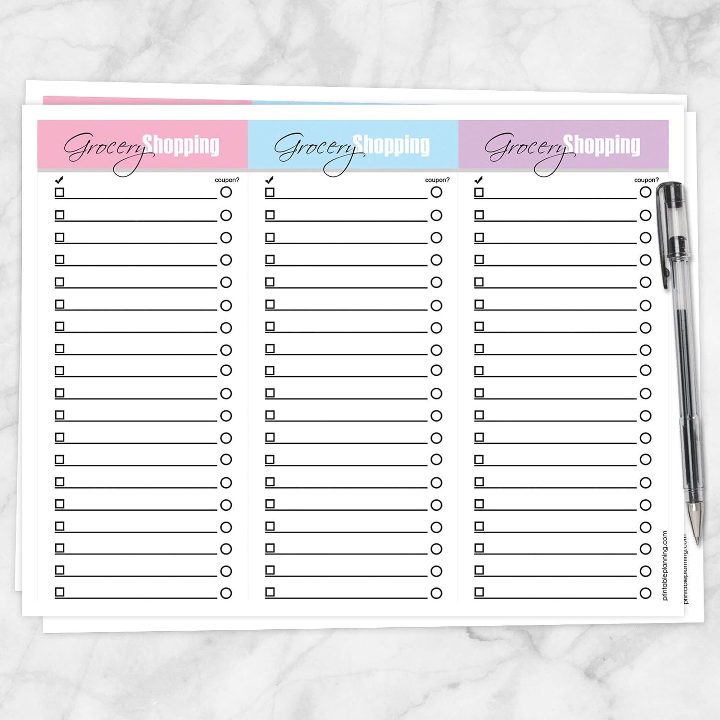 Printable Pink Blue and Purple Grocery Lists - 3 Lists Per Page at Printable Planning.