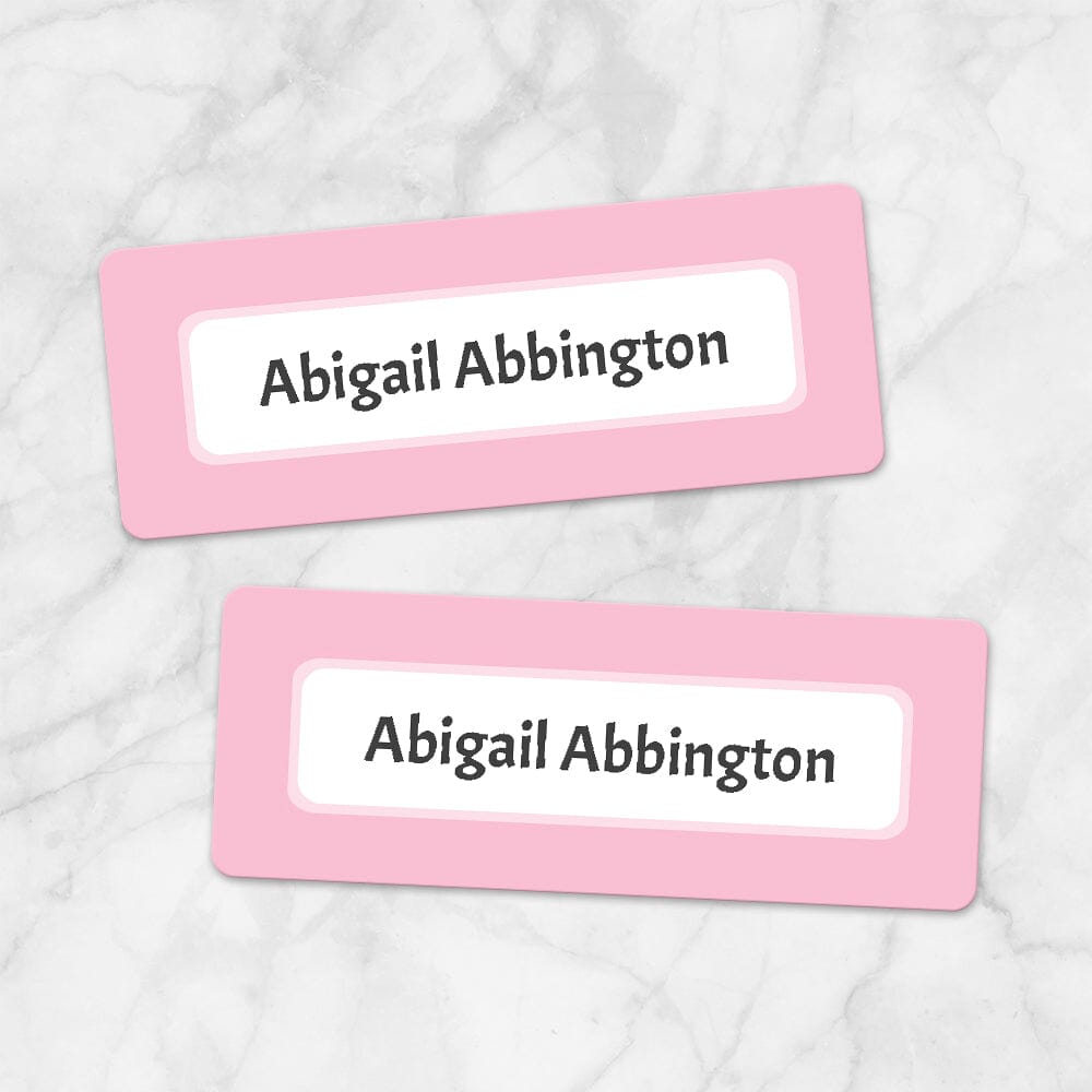 Printable Pink Border Name Labels for School Supplies at Printable Planning. Example of 2 labels.