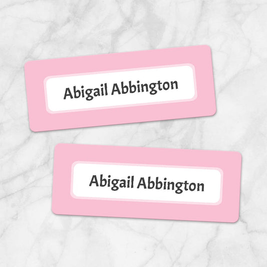 Printable Pink Border Name Labels for School Supplies at Printable Planning. Example of 2 labels.