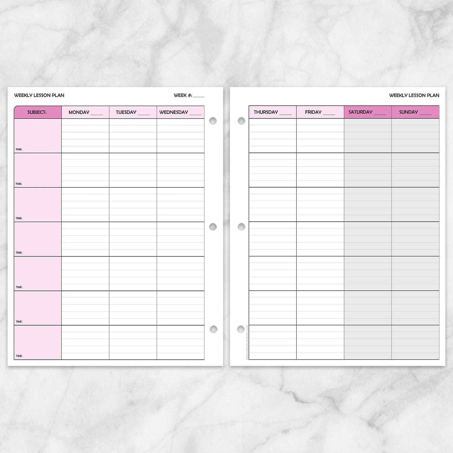 Printable Pink Weekly Lesson Plan for Teachers, School Planning Pages at Printable Planning. Front and back, facing pages, with 3-hole punch example.