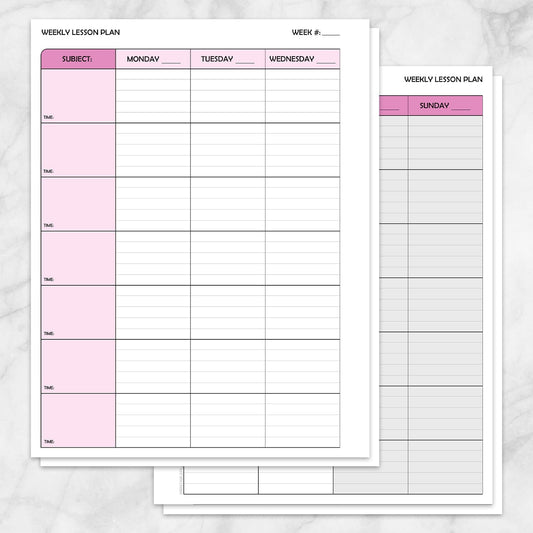 Printable Pink Weekly Lesson Plan for Teachers, School Planning Pages at Printable Planning.