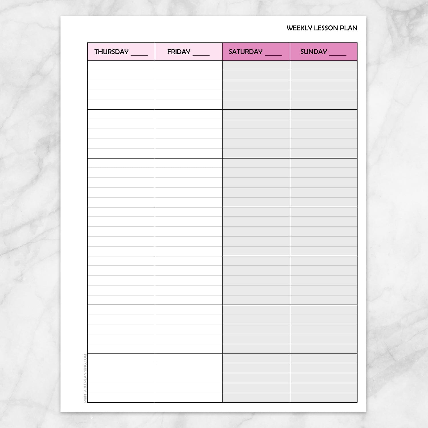 Printable Pink Weekly Lesson Plan for Teachers, School Planning Pages (right side, front page) at Printable Planning.