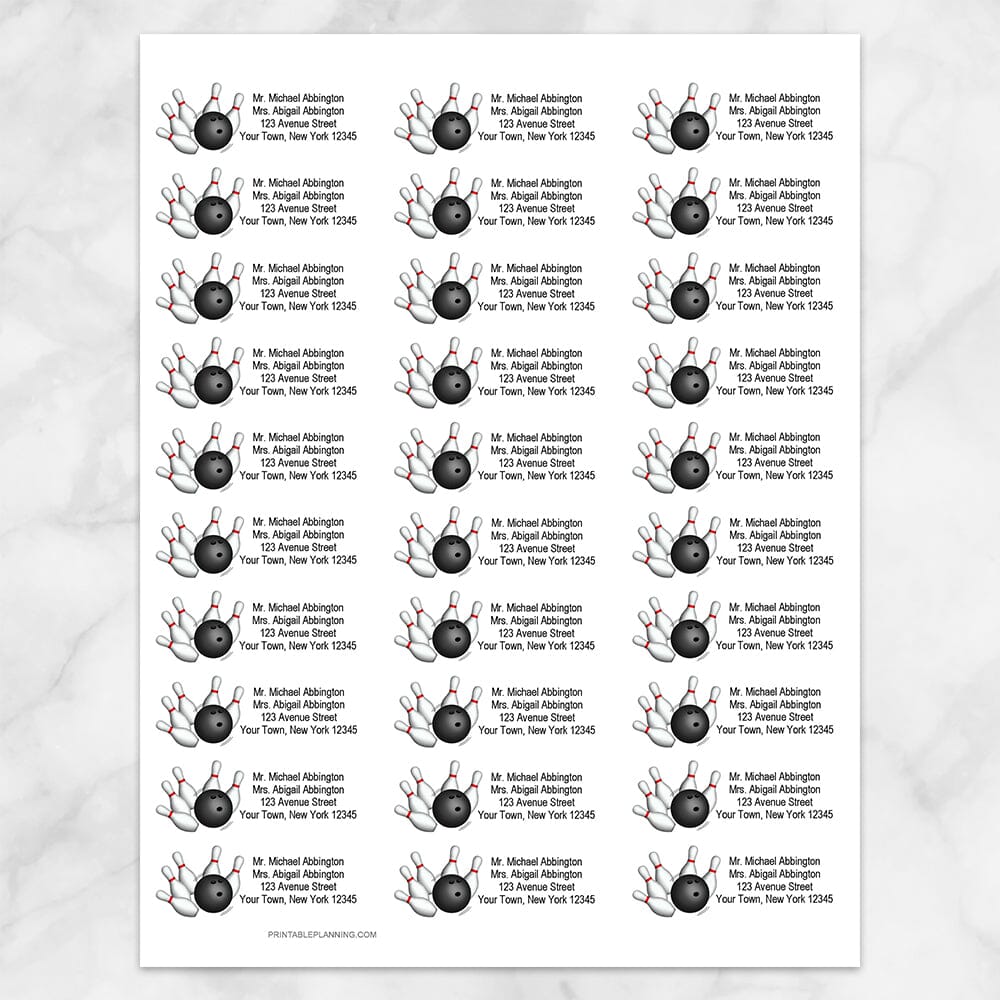 Printable Pins and Ball Bowling Address Labels at Printable Planning. Sheet of 30 labels.