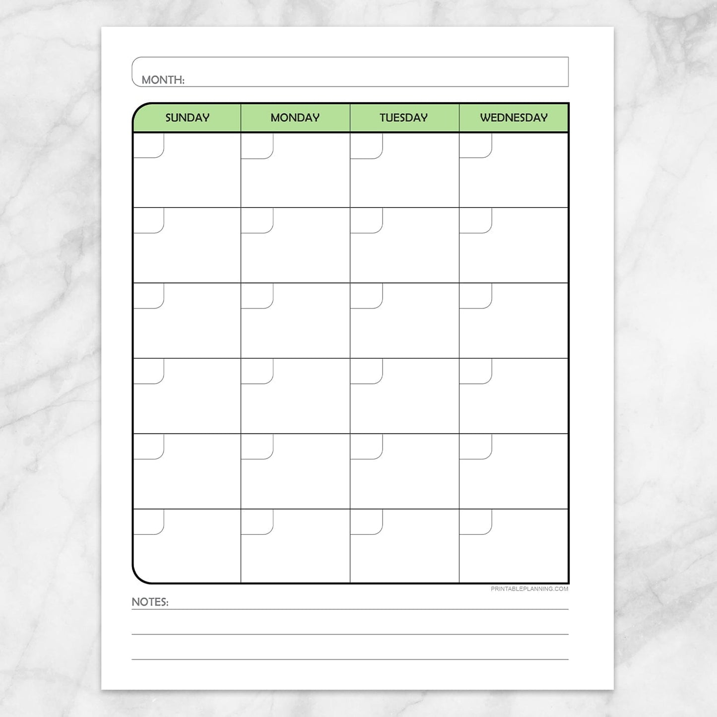 Printable Green Monthly Calendar Planner Page (left page) at Printable Planning.