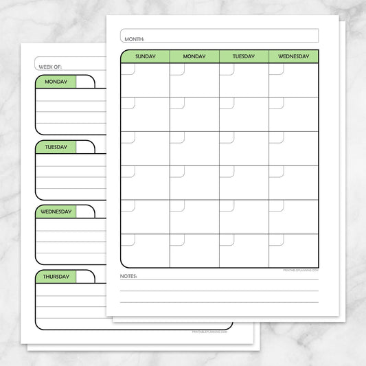 Printable Green Monthly and Weekly Calendar Planner Pages at Printable Planning.