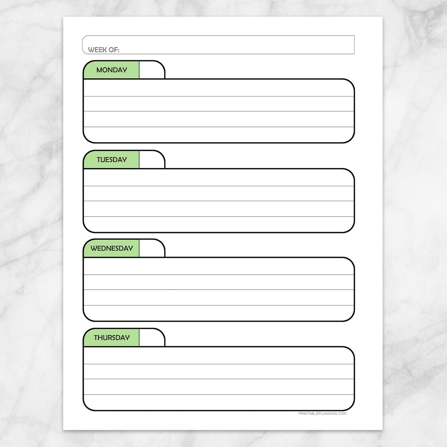 Printable Green Weekly Calendar Planner Page (left page) at Printable Planning.