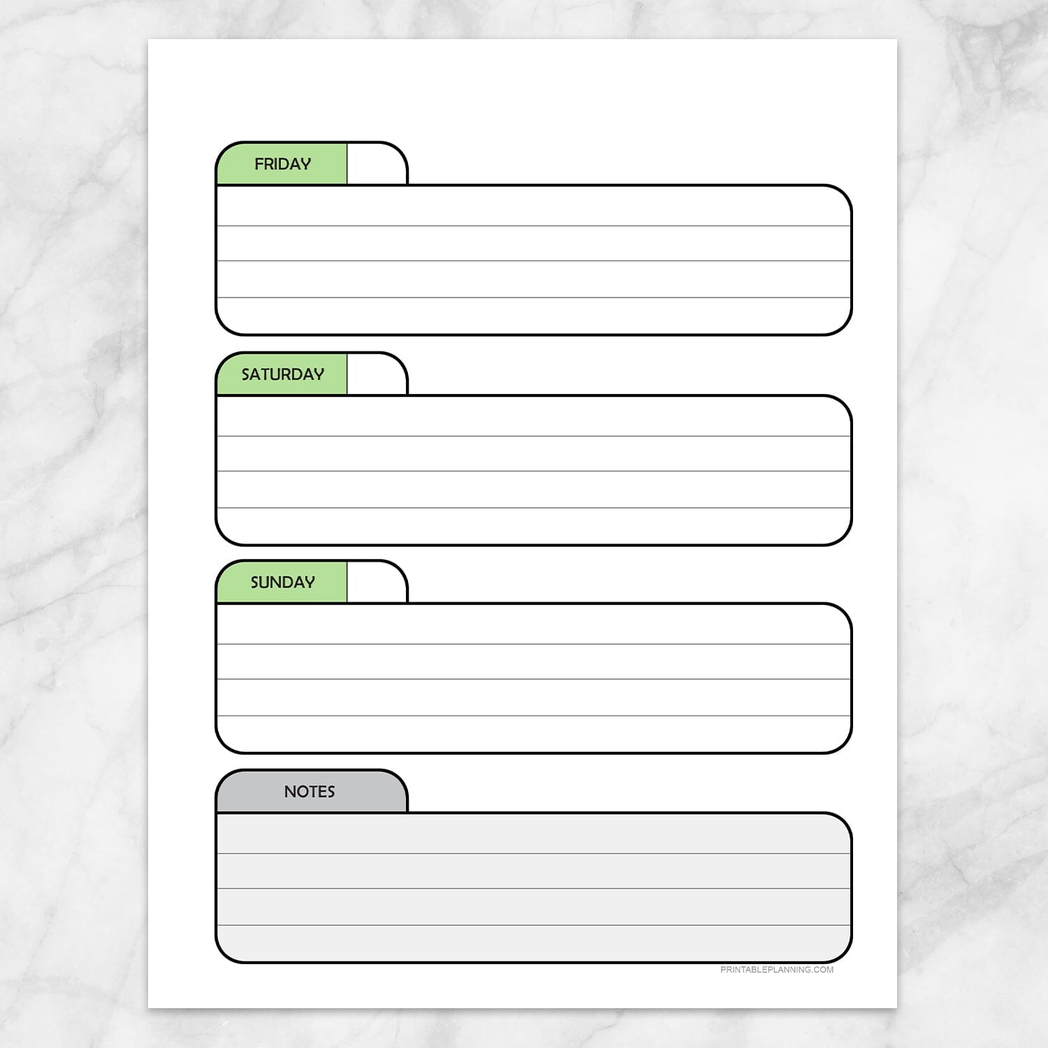 Printable Green Weekly Calendar Planner Page (right page) at Printable Planning.