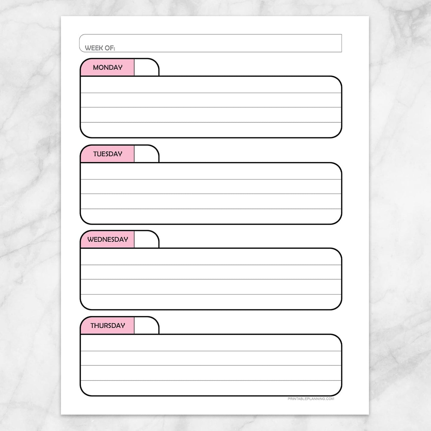 Printable Pink Weekly Calendar Planner Page (left page) at Printable Planning.