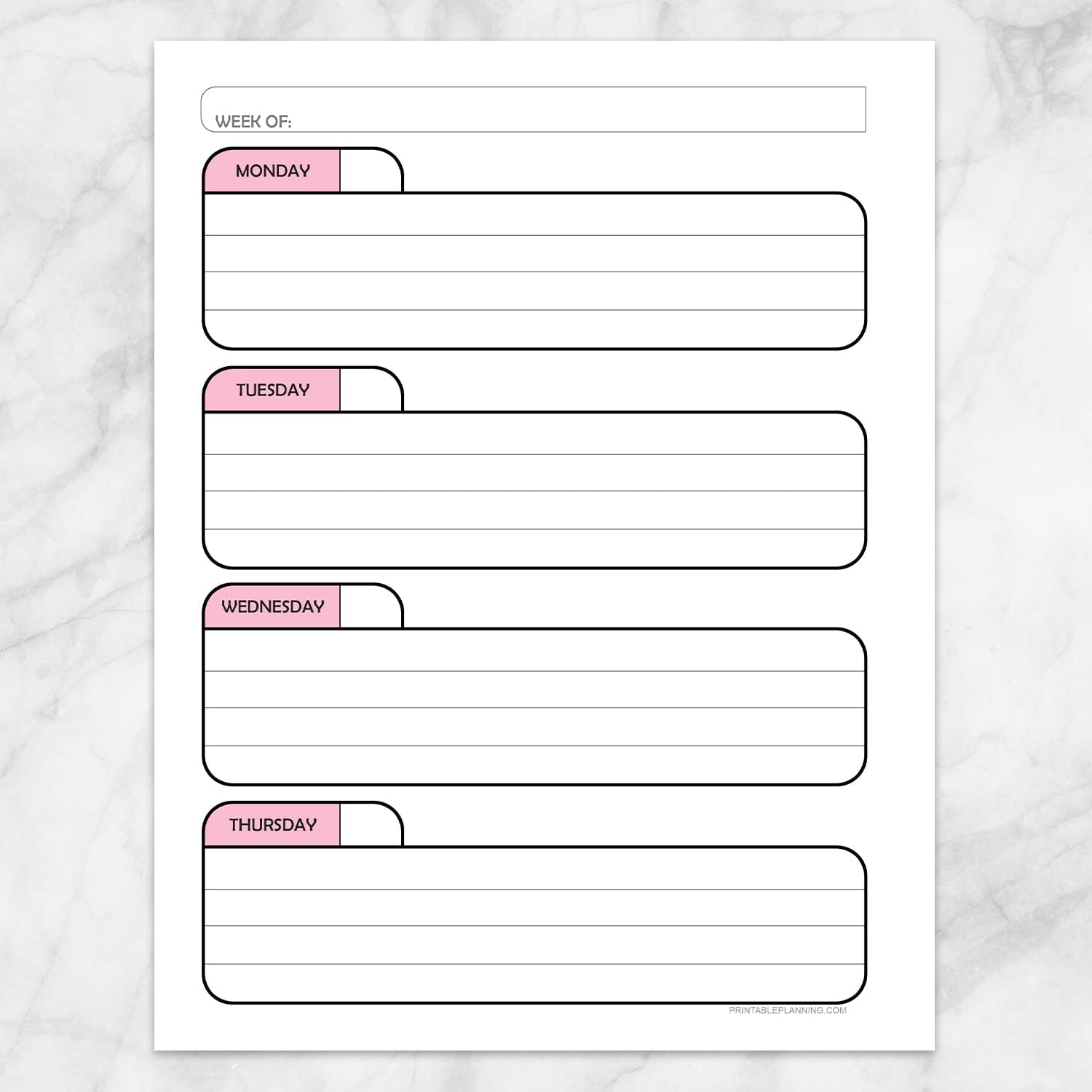 Printable Pink Weekly Calendar Planner Page (left page) at Printable Planning.