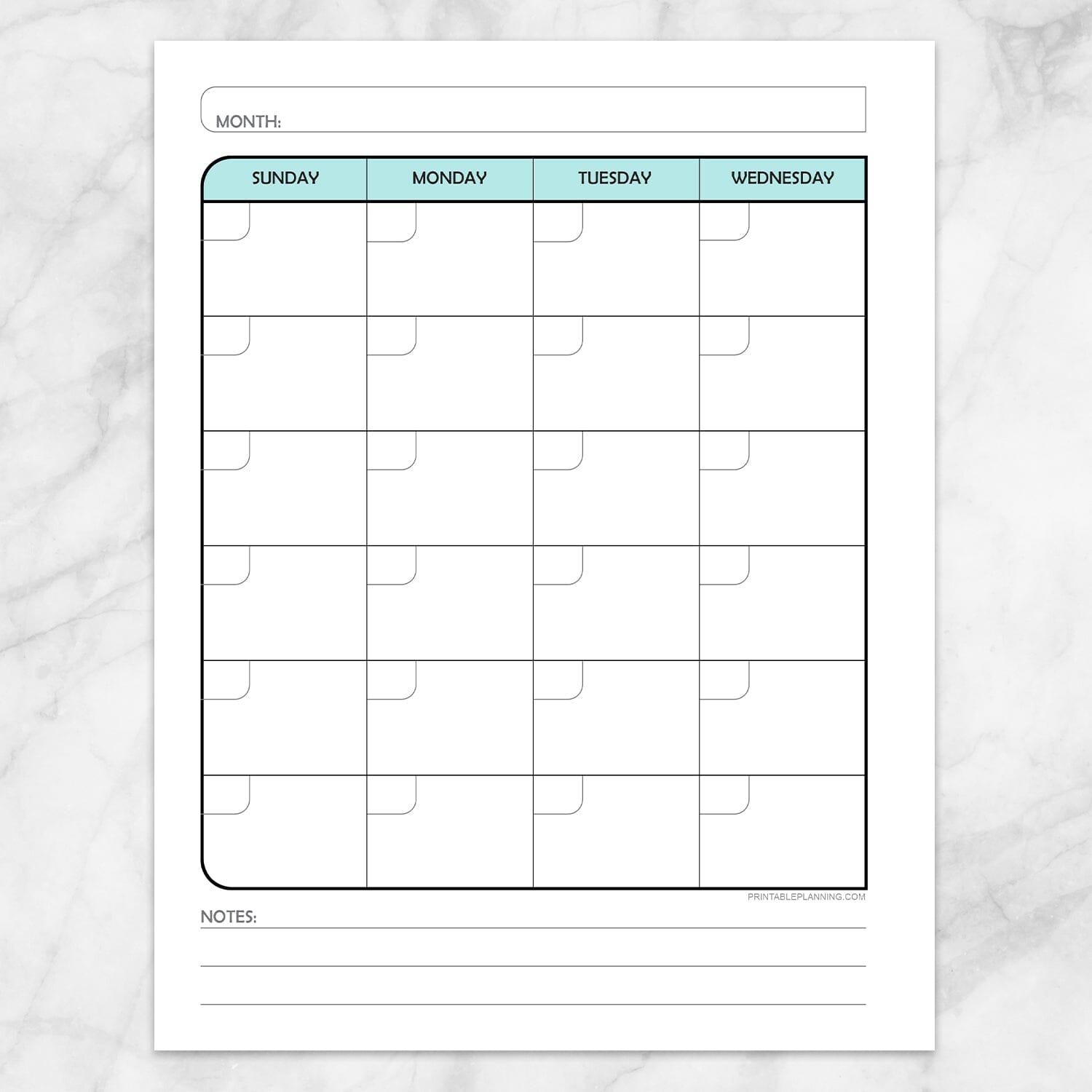 Printable Teal Monthly Calendar Planner Page (left page) at Printable Planning.