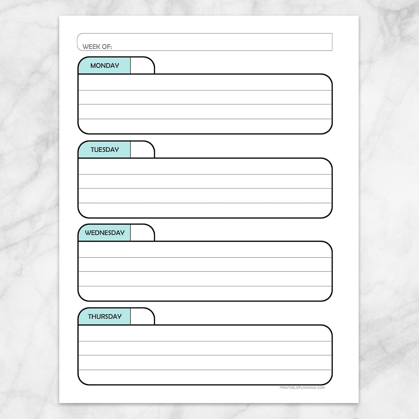 Printable Teal Weekly Calendar Planner Page (left page) at Printable Planning.