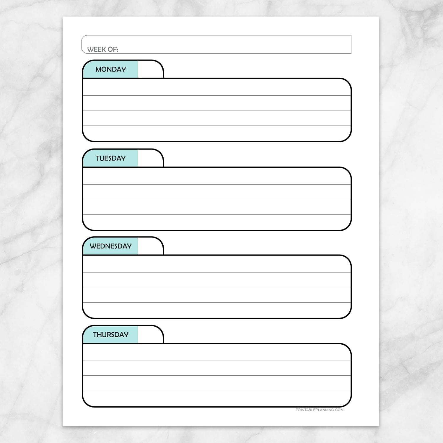 Printable Teal Weekly Calendar Planner Page (left page) at Printable Planning.